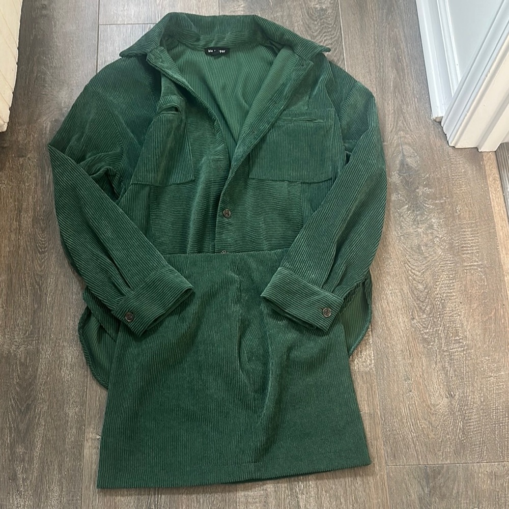 Green Corduroy button up shirt jacket and skirt brown matching set like new